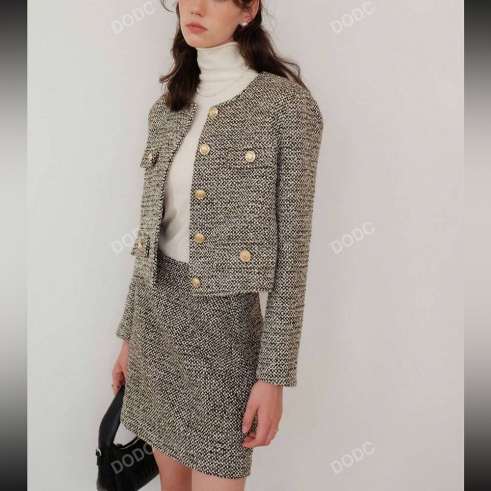 2 piece set- Green/ivory tweed textured collarless blazer cardigan & mini skirt - Picture 3 of 16